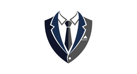 Stylized suit and tie logo design in a shield shape.