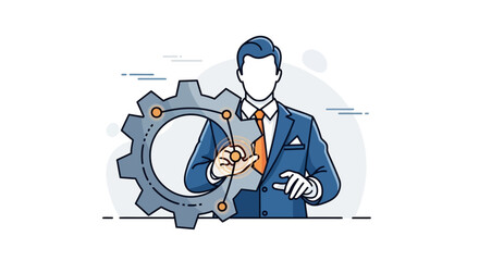 Illustration of a businessman interacting with a gear, representing business processes and automation.