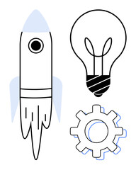 Rocket launching, light bulb glowing, and gear rotating symbolize progress, innovation, creativity, technology, automation, problem-solving and futuristic ideas. Ideal for growth brainstorming