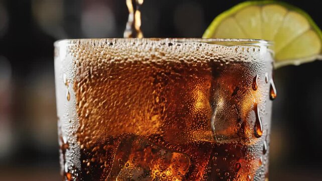 Refreshing Cola Drink with Lime - A close-up shot of a refreshing cola being poured into a glass filled with ice, decorated with a slice of lime.