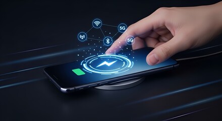 Smartphone Holographic Interface With 5G Connectivity And Wireless Tech Icons On Desk

