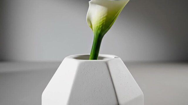 White calla lily flower in modern geometric vase minimalist interior decor design object floral arrangement still life