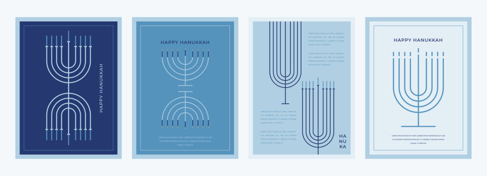 Happy Hanukkah postcard and banners. Composition of simple traditional jewish line icons in minimalist style. Cards with different Hanukkah Menorah