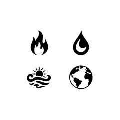 set of 4 nature elements  fire, water, air, earth symbols, solid black fill