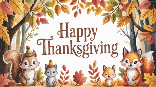 Cute cartoon animals celebrate happy thanksgiving surrounded by autumn leaves and trees in a forest setting