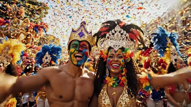 Joyful Carnival Celebration - A vibrant scene from a carnival features a group of people in festive costumes and face paint, cheering with their arms raised as confetti rains down.