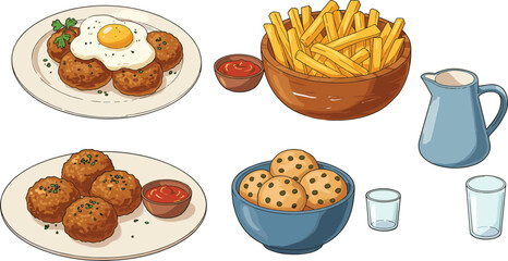 Delicious fried snacks with dipping sauce, French fries bowl, egg topped croquettes, cookie snacks, glass cups, food illustration artwork