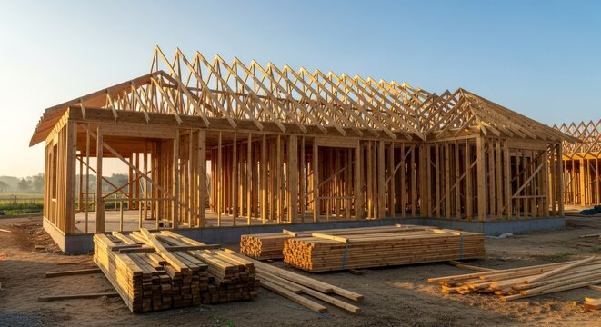 New residential home construction with wood framing and roof trusses.