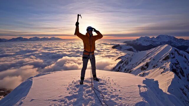 Ice climber ascending a mountain at sunrise - A climber is shown mid-climb, with two ice axes, on a steep icy mountain.