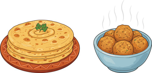 Delicious Indian flatbread platter with butter, steaming fried snacks in bowl, traditional cuisine, tasty meal, aromatic spices, fresh coriander garnish, appetizing aroma