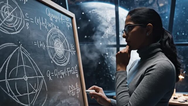 Female Scientist Working on Complex Equations - A young woman with glasses is deep in thought while standing in front of a blackboard filled with complex mathematical equations and geometric diagrams. - Powered by Adobe