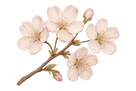 Cherry blossom branch with delicate pink flowers transparent background