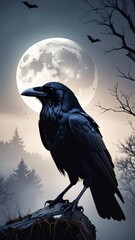 Naklejka premium Raven Silhouette Against Full Moon with Bats in Spooky Atmosphere