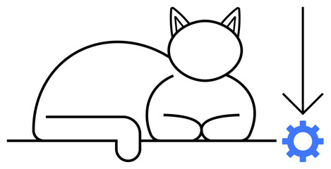 Simplistic cat outline lying with a blue gear and downward arrow near it, symbolizing automation, system setup, workflow efficiency, problem-solving, feline inspiration, innovation, creative