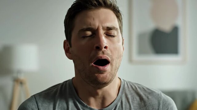 Young man yawning indoors with a relaxed expression in modern decor  