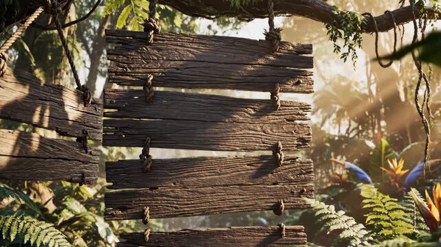 Wooden Sign Hanging in Jungle - A weathered wooden sign constructed of planks hangs by rope in a dense jungle environment. The sign is centered, aged, and made of several rough hewn boards.