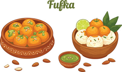Traditional Indian sweet dessert illustration, colorful festive food in bowls, herbal garnish topping, lime decoration, almonds scattered, tasty cultural treat artwork