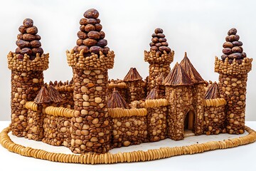 An image of a detailed castle, towers made from stacked dried plums and walls from lined Brazil nuts, on a white background.
