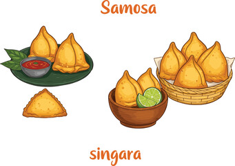 Traditional samosa and singara illustration, crispy fried snacks in bowls, lime slices, chutney sauce, basket serving, delicious Indian street food artwork