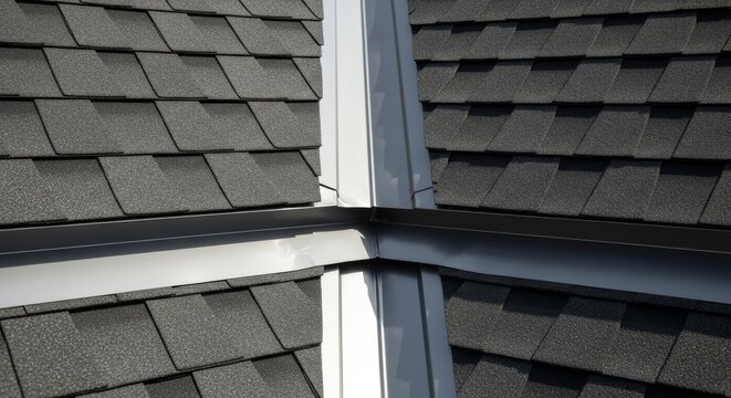 Detailed View of Roof Valley Flashing and Shingles.