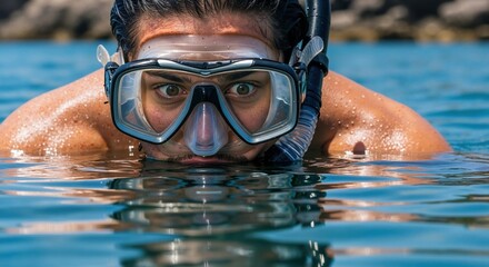 Close-up of a man with a snorkeling mask looking at the camera from the sea. Summer vacation water sports. Active holiday and adventure concept