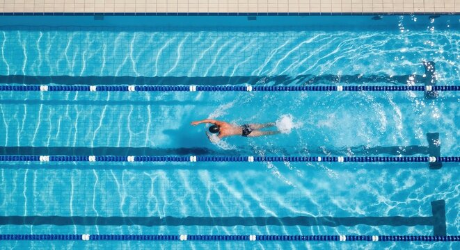 Aerial top view of a male swimmer training in a lap pool. Athletic man swimming the freestyle stroke. Sport, fitness, and competition concept - Powered by Adobe