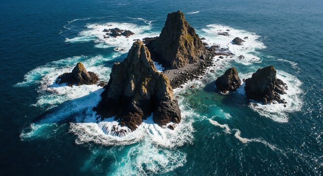Aerial view of rugged rock formations in the deep blue ocean. Turquoise water and waves crashing on a remote island coast. Scenic nature landscape - Powered by Adobe