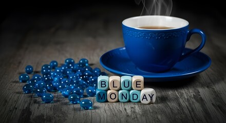 A blue cup of coffee with the words blue monday spelled out in blocks, capturing the somber mood of the day with a comforting beverage