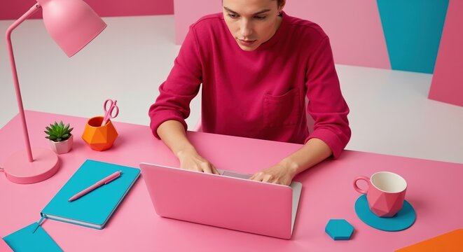 A person working on a pink laptop at a colorful modern desk. Creative and vibrant office workspace with stylish stationery and accessories. - Powered by Adobe