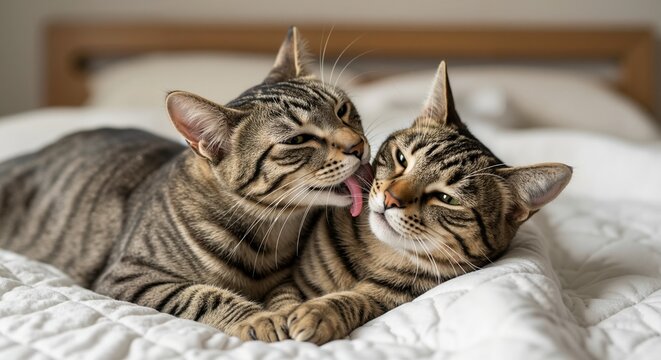 An affectionate tabby cat grooming another cat on a white bed. Close-up of two domestic pets showing love and companionship. Animal bonding concept - Powered by Adobe
