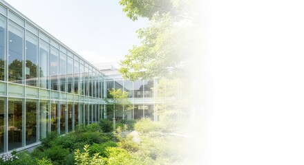 Green courtyard nestled within a modern glass building featuring sustainable design