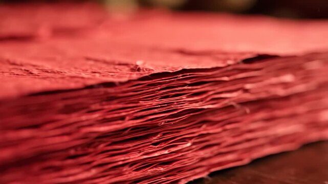 Stack of Red Handmade Paper - A close-up shot reveals a stack of handmade paper, all dyed in a rich, textured red color.