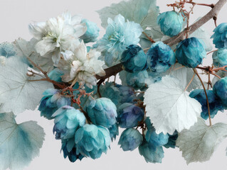 Delicate Botanical Composition of Blue Hop Cones and Flowers on Branch, Soft Pastel Floral Arrangement

