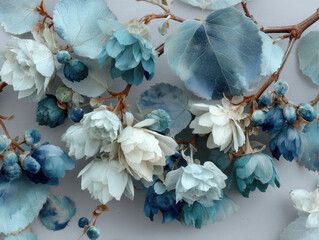 Delicate Botanical Composition of Blue Hop Cones and Flowers on Branch, Soft Pastel Floral Arrangement

