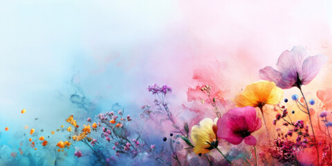 Vibrant Watercolor Floral Background, Colorful Abstract Flowers and Leaves, Artistic Botanical Pattern

