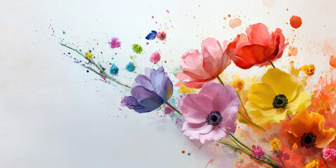 Vibrant Watercolor Floral Background, Colorful Abstract Flowers and Leaves, Artistic Botanical Pattern

