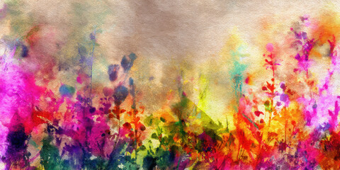 Vibrant Watercolor Floral Background, Colorful Abstract Flowers and Leaves, Artistic Botanical Pattern

