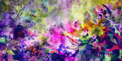 Vibrant Watercolor Floral Background, Colorful Abstract Flowers and Leaves, Artistic Botanical Pattern

