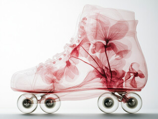 Botanical X-ray Roller Skate, Transparent Shoe with Red Floral Pattern, Artistic Abstract Design

