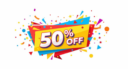A vibrant 50% off promotion design with colorful confetti