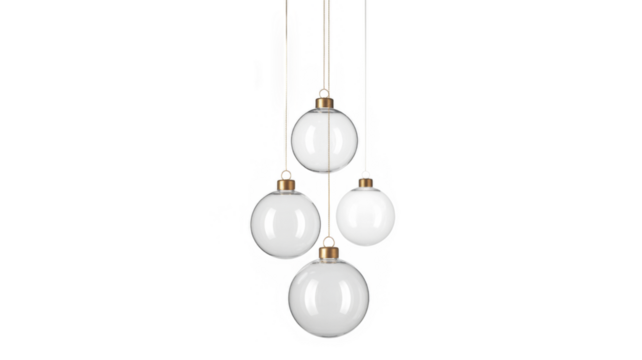 3 christmas ball bauble group glossy transparent glass blank christmas golden hanging from top upright 3D CAD rendering