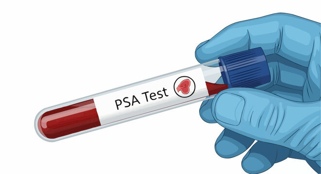 A PSA test blood sample held by a gloved hand
