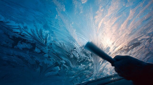Hand scraping intricate ice crystals from a vehicle windshield during cold morning hours