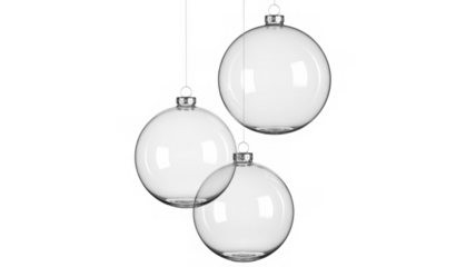 3 christmas ball bauble group glossy transparent glass blank christmas silver hanging from top upright 3D CAD rendering