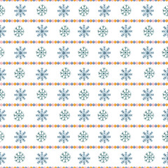 Minimal watercolor seamless pattern with blue snowflakes arranged in horizontal stripes on a white background. Perfect for wrapping paper, fabric, cards, winter decor and holiday projects