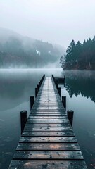 Fototapeta premium Serene Wooden Pier Over Calm Water in Misty Forest Landscape