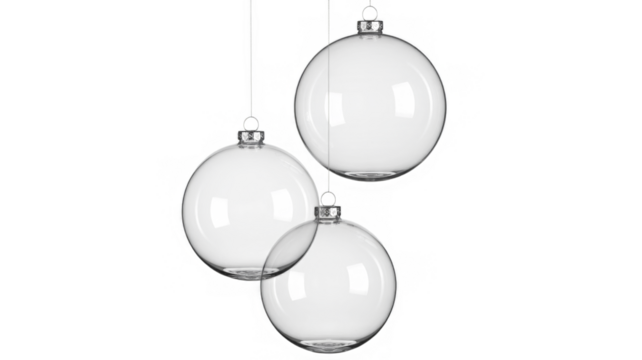 3 christmas ball bauble group glossy transparent glass blank christmas silver hanging from top upright 3D CAD rendering