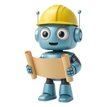 Cute robot engineer in a hard hat holding a blueprint. 3D render of an AI construction worker or architect for future technology and automation concepts.