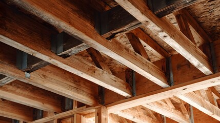 Exposed wooden structural framing supports the unfinished ceiling and upper floor of a building.