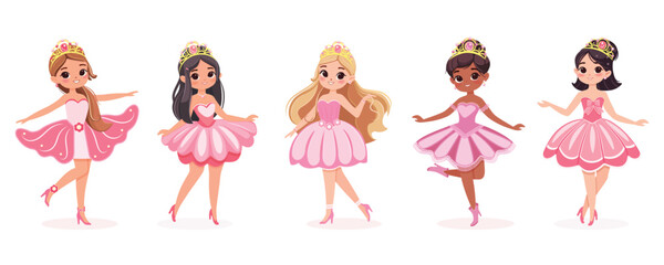 Set of different nationalities cute princess with beautiful eyes and golden crown. Isolate on white background, Vector illustration in flat drawn cartoon style © Marta Vitek